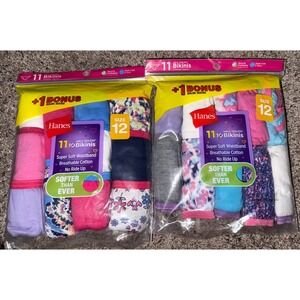 2 Packs 11 Per Bag hanes girls‎ Underwear tagless bikinis Size 12 Soft